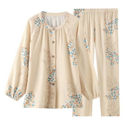 洛兰沙家居馆【只代发】【只代发】2025新款简约印花睡衣女春夏季宽松休闲家居服长袖开衫套装印花棉纱两件套  花束圆领