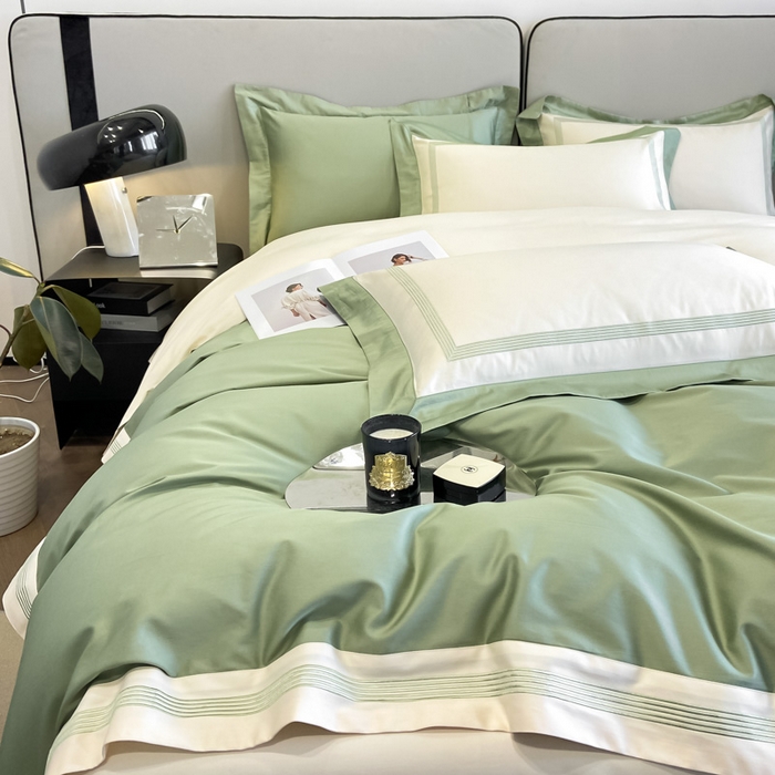 91家纺网 家纺一手货源 找家纺 桃园 2025新款纯棉全棉长绒棉刺绣绣花高端礼盒四件套-莱卡 莱卡牛油果绿