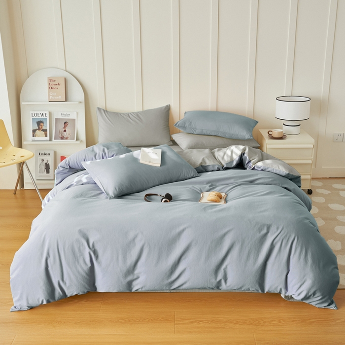 91家纺网 家纺一手货源 找家纺 寐绸家纺 2025新款纯棉水洗棉双拼单被套（自然光） 礁石灰+毛毯灰