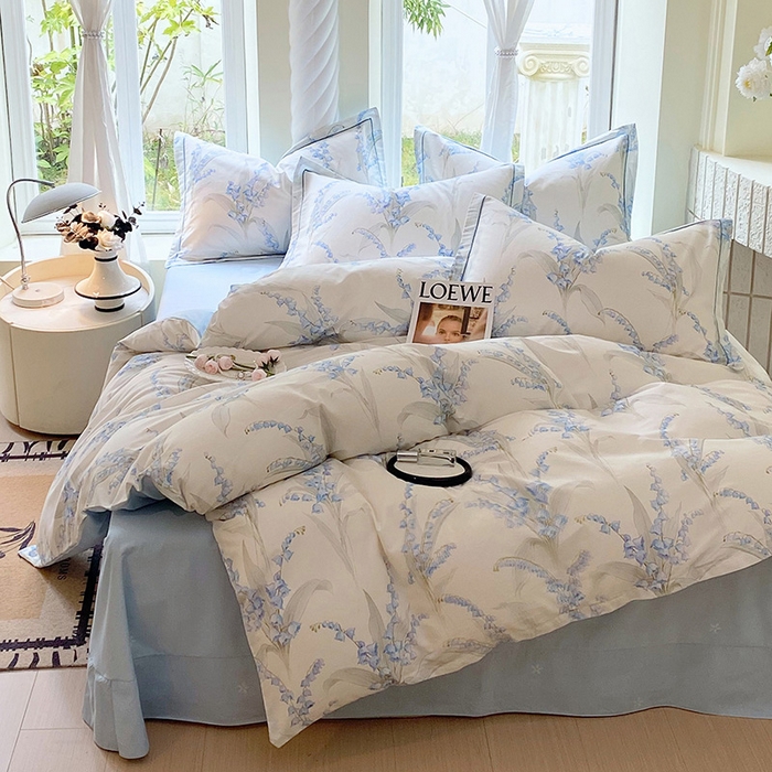 91家纺网 家纺一手货源 找家纺 梧桐树 2025新款100%全棉13372加厚印花四件套 A24铃兰蓝