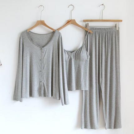 91家纺网 家纺一手货源 找家纺 （总）洛兰沙家居馆【只代发】【只代发】 2025新款外贸欧美风淑女风莫代尔睡衣女春夏秋开衫短袖吊带三件套长裤家居服