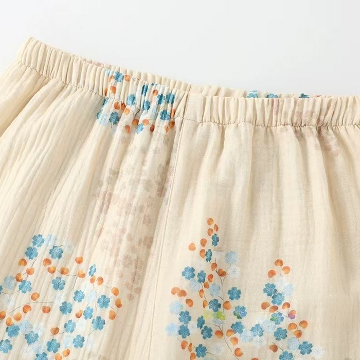 91家纺网 家纺一手货源 找家纺 洛兰沙家居馆【只代发】【只代发】2025新款简约印花睡衣女春夏季宽松休闲家居服长袖开衫套装印花棉纱两件套   花束翻领