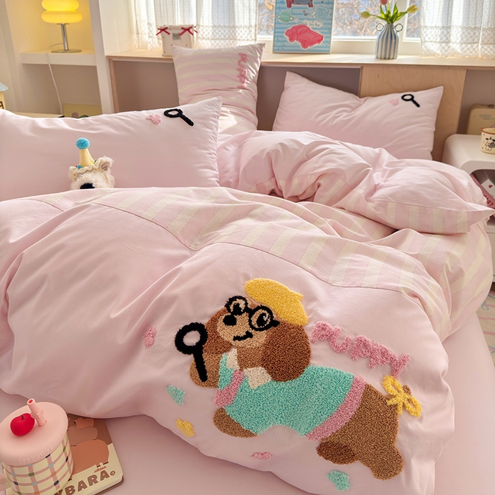 91家纺网 家纺一手货源 找家纺 娜娜 2025新款全棉立体毛巾绣四件套 快乐小狗