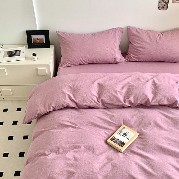 91家纺网 家纺一手货源 找家纺 水洗的故事 2025新款色织水洗棉多巴胺纯色款四件套 丁香紫