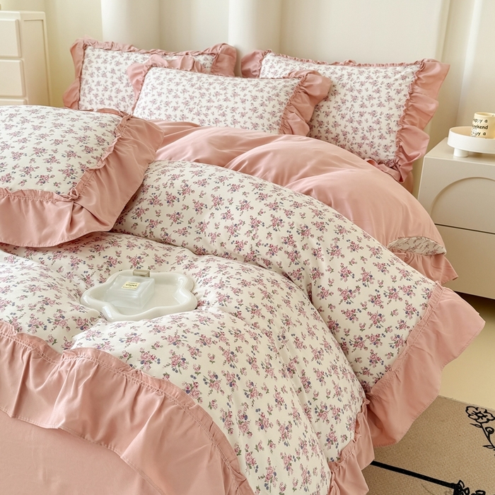 91家纺网 家纺一手货源 找家纺 金米诺 2025新款韩版有氧针织棉双层纱四件套 花境