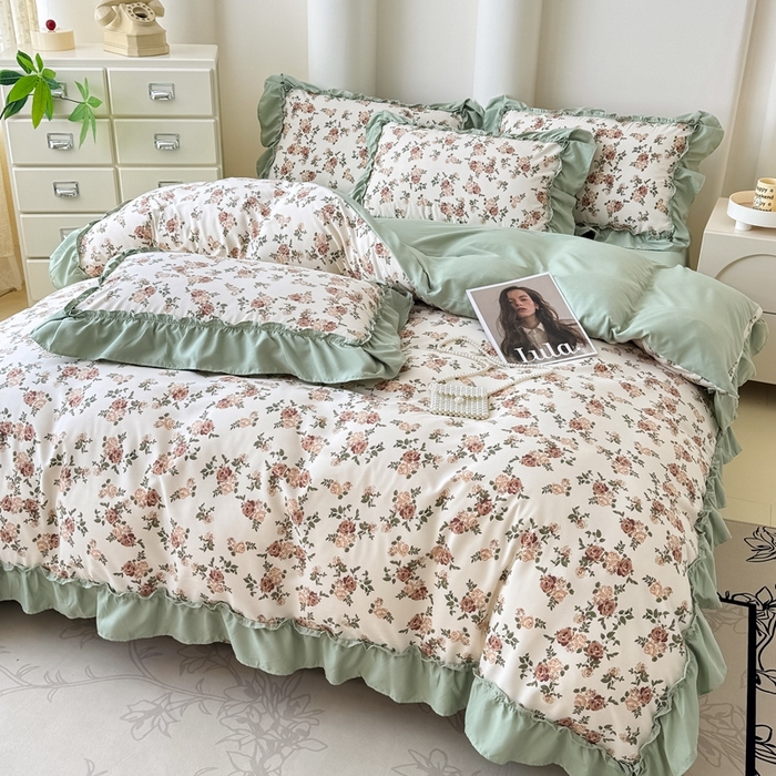 91家纺网 家纺一手货源 找家纺 金米诺 2025新款韩版有氧针织棉双层纱四件套 花田物语