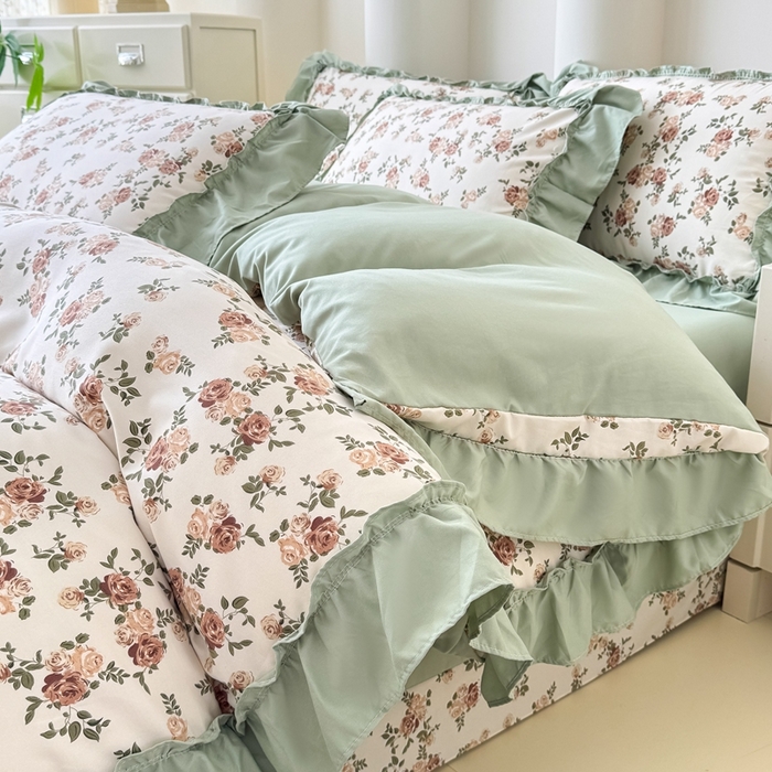 91家纺网 家纺一手货源 找家纺 金米诺 2025新款韩版有氧针织棉双层纱四件套 花田物语