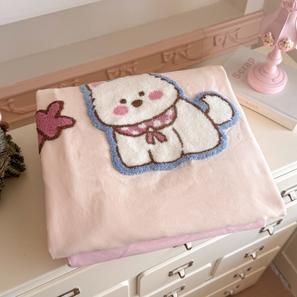 温眠家纺 2025新款水洗棉毛巾绣四件套-叠拍 萝莉狗-黄+粉