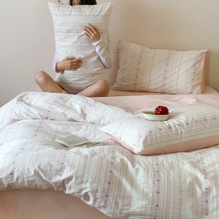 91家纺网 家纺一手货源 找家纺 2025【A类全棉刺绣提花四件套】日式无印刺绣A类提花四件套良品条纹床品套件全棉小清新双拼件套