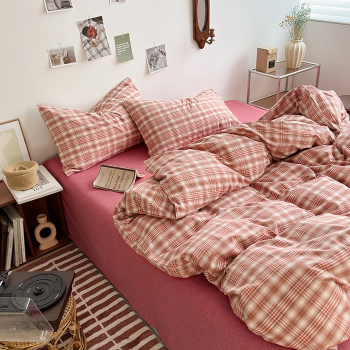 91家纺网 家纺一手货源 找家纺 水洗的故事 2025新款无印良品水洗棉四件套 樱红格