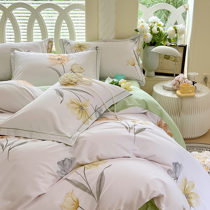 91家纺网 家纺一手货源 找家纺 梧桐树 2025新款100%全棉13372加厚印花四件套 A33春风里米白