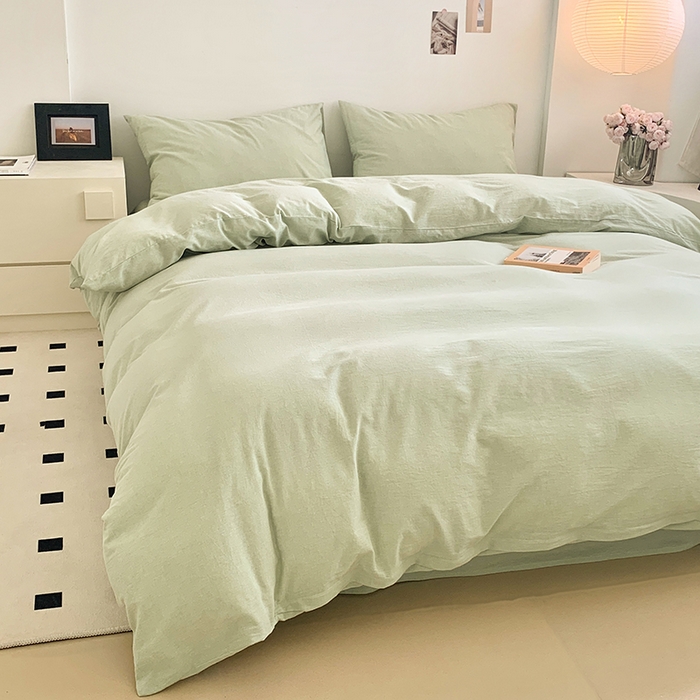 91家纺网 家纺一手货源 找家纺 水洗的故事 2025新款色织水洗棉多巴胺纯色款四件套 果绿