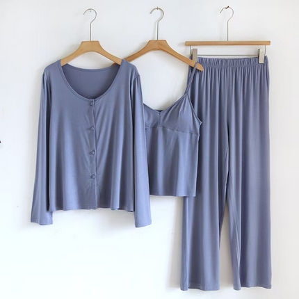 洛兰沙家居馆【只代发】【只代发】 2025新款外贸欧美风淑女风莫代尔睡衣女春夏秋开衫短袖吊带三件套长裤家居服  三件套蓝色