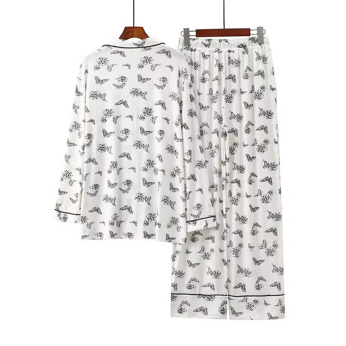 91家纺网 家纺一手货源 找家纺 洛兰沙家居馆【只代发】【只代发】2025新款跨境春秋款莫代尔蝴蝶印花睡衣女长袖长裤开衫翻领大码家居服套装  蝴蝶粉色