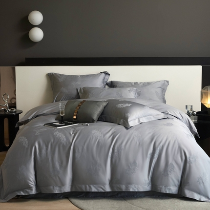 榻尚家居 2025春夏新款长绒棉全棉纯棉贡缎提花手工立体埋绳工艺四件套 飘羽（高级灰）