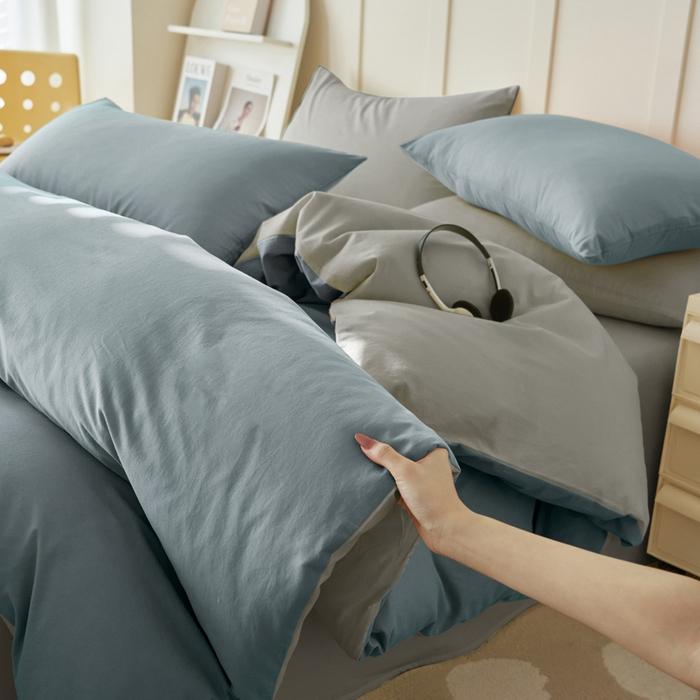 91家纺网 家纺一手货源 找家纺 寐绸家纺 2025新款纯棉水洗棉双拼单被套（自然光） 礁石灰+毛毯灰