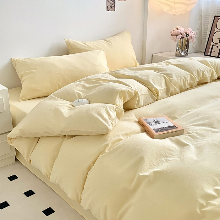 91家纺网 家纺一手货源 找家纺 水洗的故事 2025新款色织水洗棉多巴胺纯色款四件套 奶黄