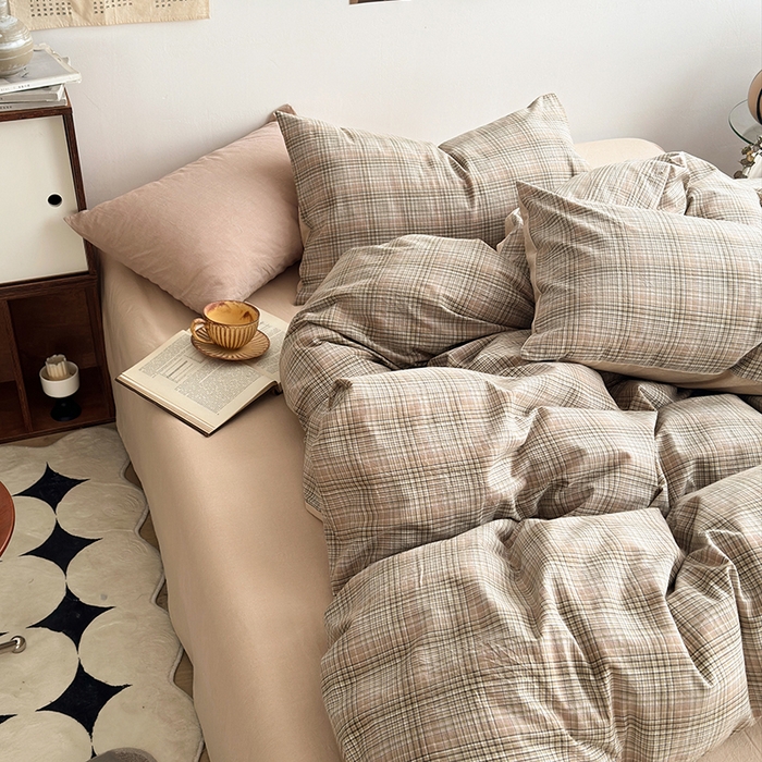 91家纺网 家纺一手货源 找家纺 水洗的故事2025新款A类AB版全棉色织水洗棉四件套 仙米格-棕