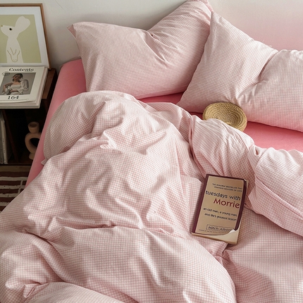 水洗的故事 2025新款无印良品水洗棉四件套 小小格粉