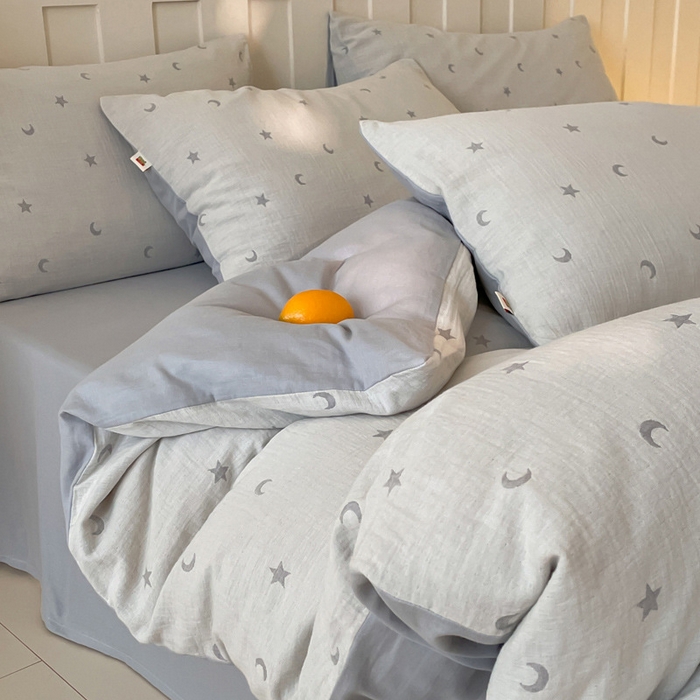 91家纺网 家纺一手货源 找家纺 2025【A类全棉皱皱纱四件套】全棉双层纱四件套A类皱皱纱提花床品件套母婴星月亮