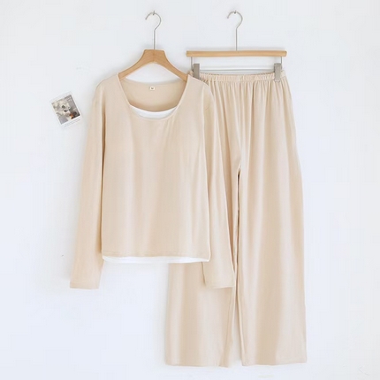 91家纺网 家纺一手货源 找家纺 （总）洛兰沙家居馆【只代发】【只代发】  2025新款超柔软精梳棉亲肤款睡衣女款带胸垫家居服春秋长袖长裤大码家居服套装 