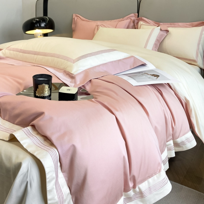 91家纺网 家纺一手货源 找家纺 桃园 2025新款纯棉全棉长绒棉刺绣绣花高端礼盒四件套-莱卡 莱卡豆沙粉