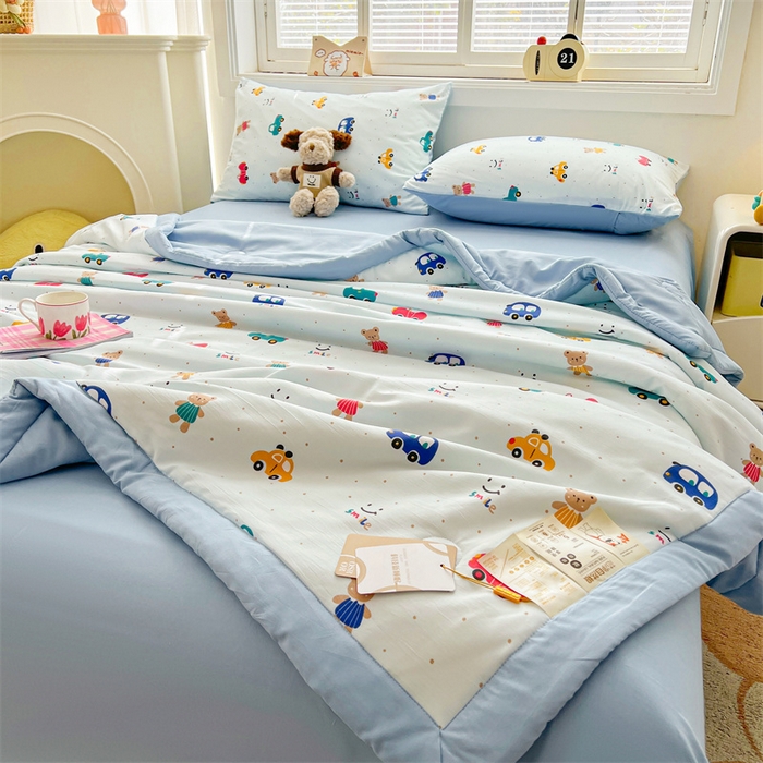 91家纺网 家纺一手货源 找家纺 秋泽家纺 2025春夏新款水洗棉双层纱大豆纤维夏被夏凉被空调被 汽车派对