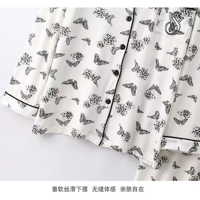 91家纺网 家纺一手货源 找家纺 （总）洛兰沙家居馆【只代发】【只代发】2025新款跨境春秋款莫代尔蝴蝶印花睡衣女长袖长裤开衫翻领大码家居服套装 