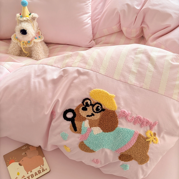 91家纺网 家纺一手货源 找家纺 娜娜 2025新款全棉立体毛巾绣四件套 快乐小狗