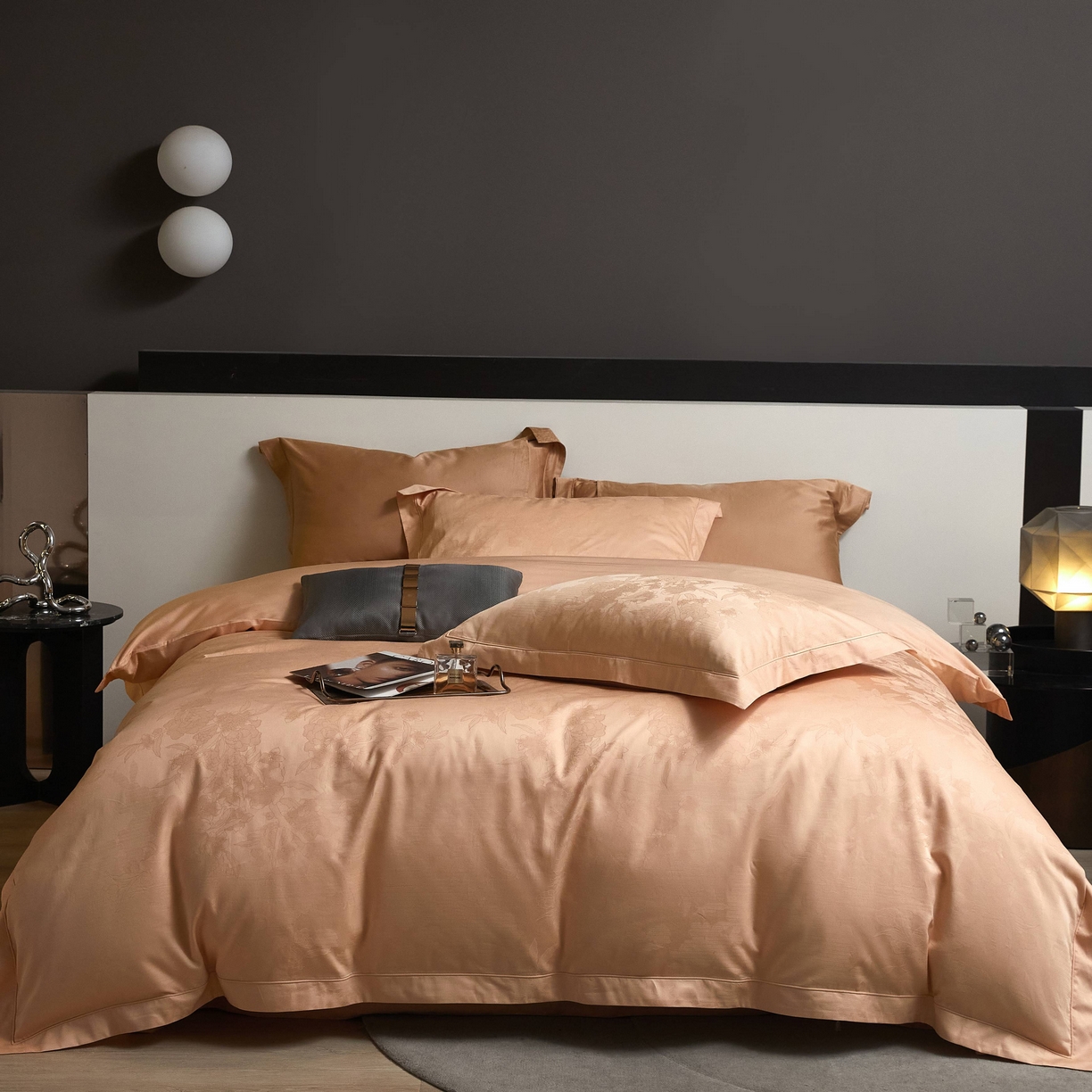 91家纺网 家纺一手货源 找家纺 榻尚家居 2025春夏新款长绒棉全棉纯棉贡缎提花手工立体埋绳工艺四件套 米菲娜（香槟色）