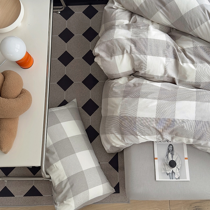 91家纺网 家纺一手货源 找家纺 水洗的故事2025新款A类AB版全棉色织水洗棉四件套 椰灰大格