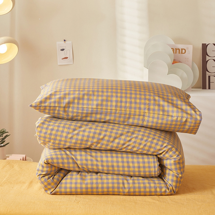 91家纺网 家纺一手货源 找家纺 水洗的故事 2025新款开学季色织水洗棉学生宿舍三件套 紫黄小格