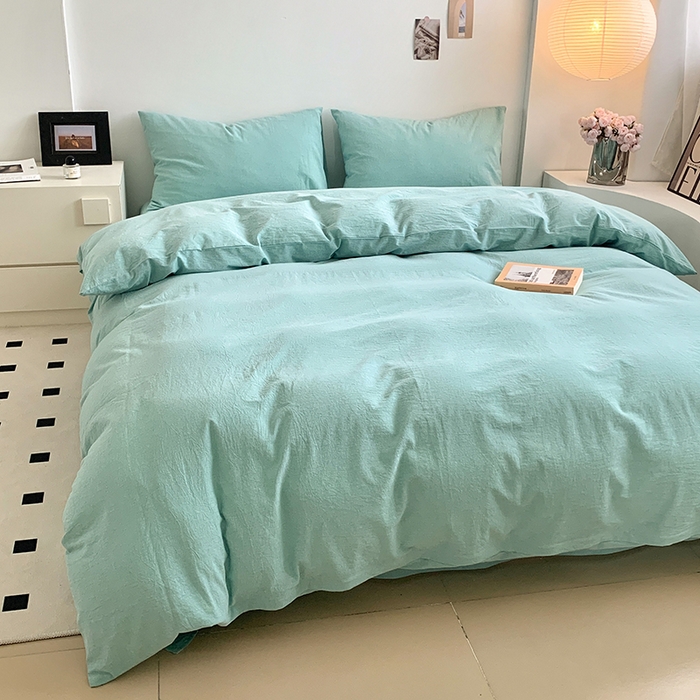 91家纺网 家纺一手货源 找家纺 水洗的故事 2025新款色织水洗棉多巴胺纯色款四件套 湖绿