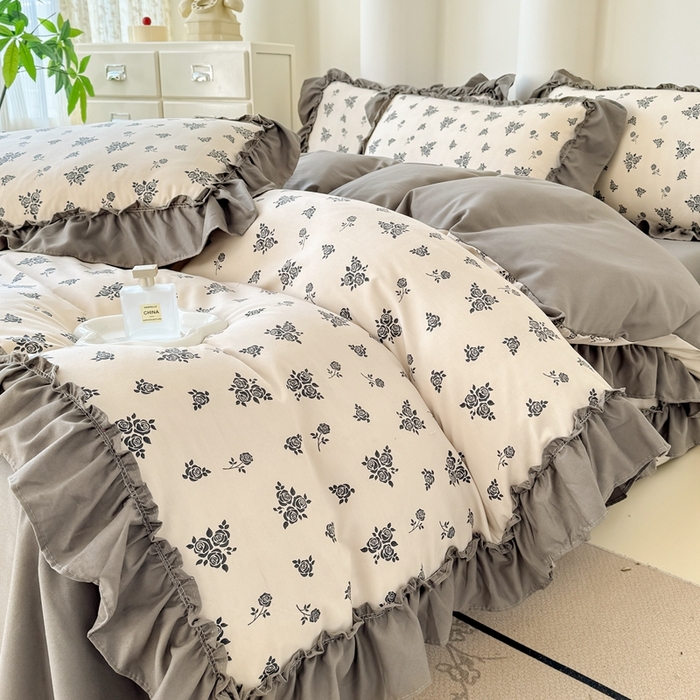 91家纺网 家纺一手货源 找家纺 金米诺 2025新款韩版有氧针织棉双层纱四件套 摩卡