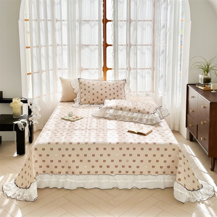 金喜 2025新款韩版木棉印花小清新床盖双层蕾丝边夹棉床盖-小清新系列 熊小乖