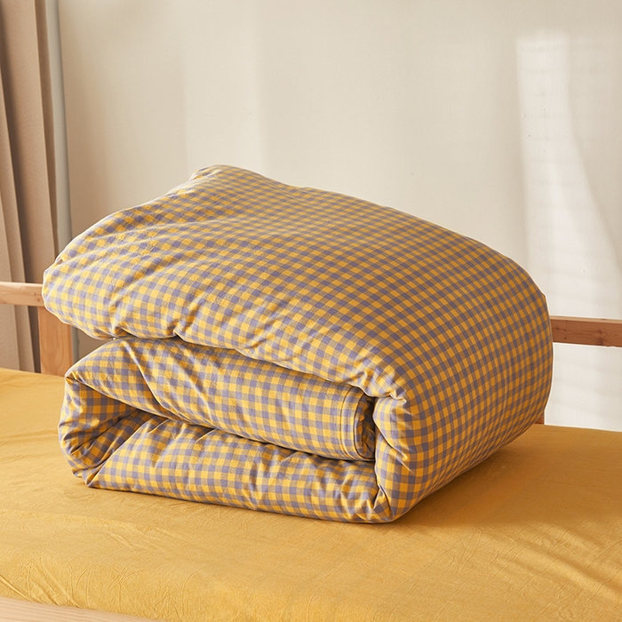 91家纺网 家纺一手货源 找家纺 水洗的故事 2025新款开学季色织水洗棉学生宿舍三件套 紫黄小格