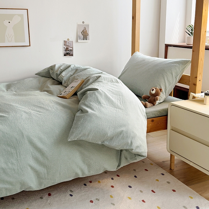 91家纺网 家纺一手货源 找家纺 水洗的故事 2025新款A类色织水洗棉学生三件套 绿细密条-