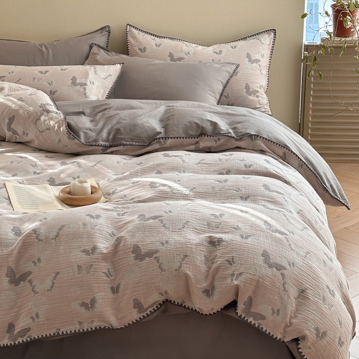 91家纺网 家纺一手货源 找家纺 2025【A类纯棉三层纱四件套】日式无印纯棉四件套良品贝壳绣全棉A类三层纱提花款床品被套床单