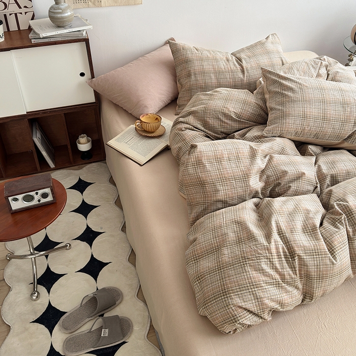 91家纺网 家纺一手货源 找家纺 水洗的故事2025新款A类AB版全棉色织水洗棉四件套 仙米格-棕