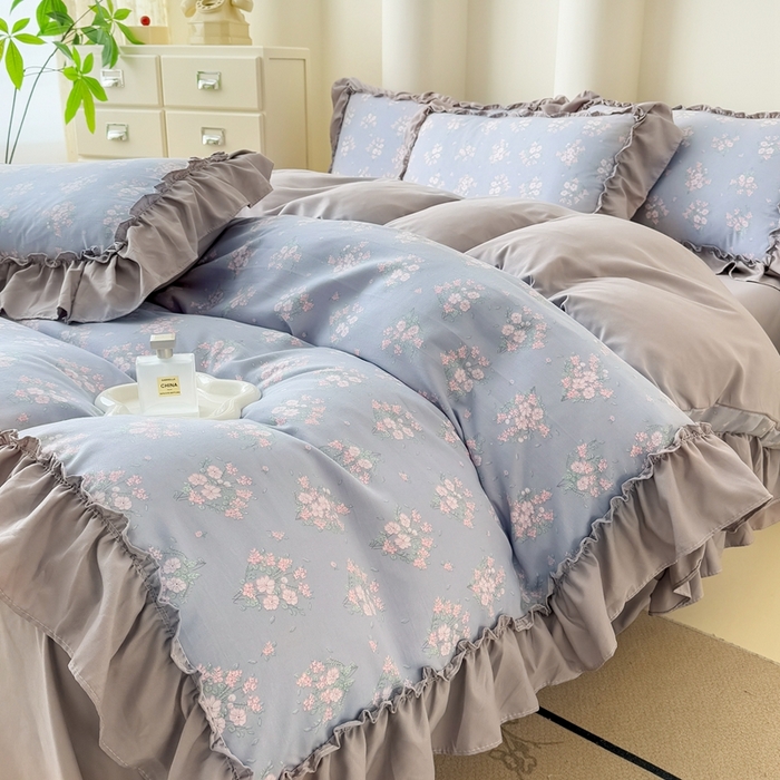 91家纺网 家纺一手货源 找家纺 金米诺 2025新款韩版有氧针织棉双层纱四件套 花俏