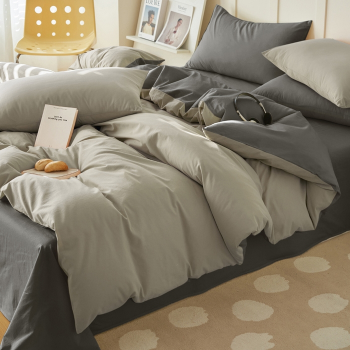 91家纺网 家纺一手货源 找家纺 寐绸家纺 2025新款纯棉水洗棉双拼单被套（自然光） 毛毯灰+宝藏灰