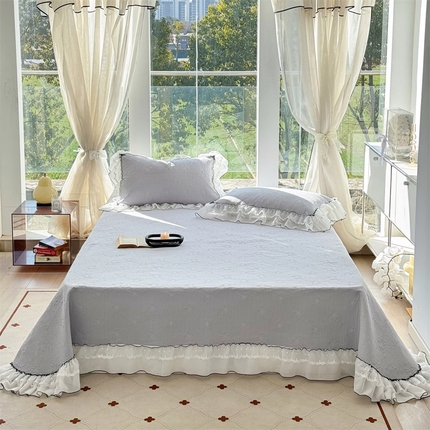 金喜 2025新款韩版木棉纯色床盖双层蕾丝边夹棉床盖-星梦系列 星梦-松灰