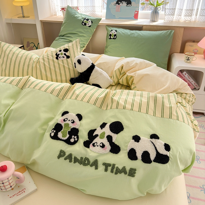 91家纺网 家纺一手货源 找家纺 娜娜 2025新款全棉立体毛巾绣四件套 熊猫墩墩