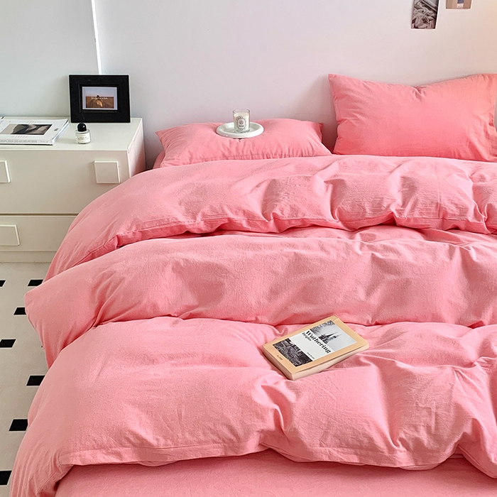 91家纺网 家纺一手货源 找家纺 水洗的故事 2025新款色织水洗棉多巴胺纯色款四件套 嫩粉