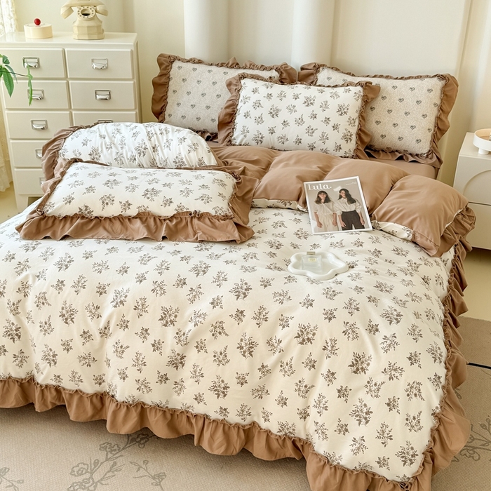 91家纺网 家纺一手货源 找家纺 金米诺 2025新款韩版有氧针织棉双层纱四件套 暖日回忆