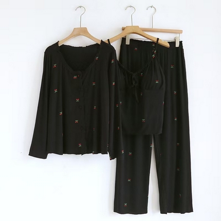 91家纺网 家纺一手货源 找家纺 （总）洛兰沙家居馆【只代发】【只代发】2025新款外贸欧美风淑女风莫代尔睡衣女春夏秋开衫短袖吊带三件套长裤家居服