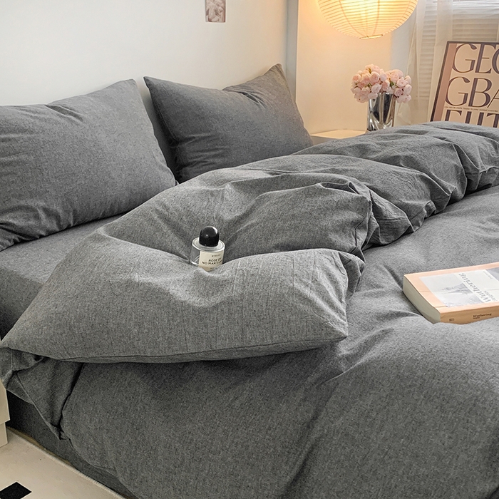 91家纺网 家纺一手货源 找家纺 水洗的故事 2025新款色织水洗棉多巴胺纯色款四件套 深灰素色