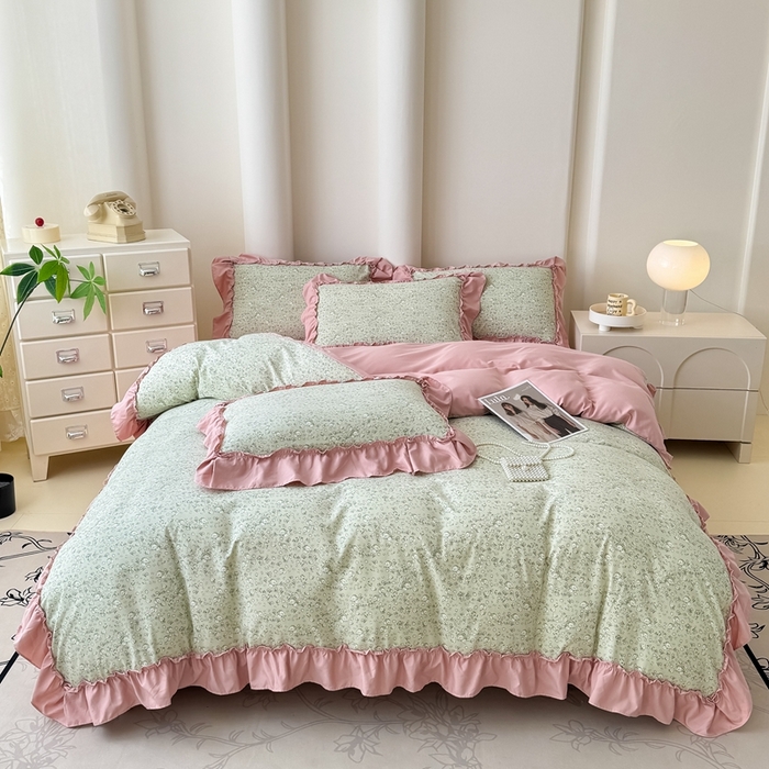 91家纺网 家纺一手货源 找家纺 金米诺 2025新款韩版有氧针织棉双层纱四件套 秘密花园