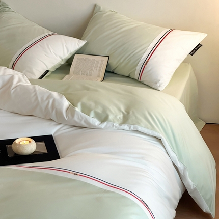 91家纺网 家纺一手货源 找家纺 2025【A类全棉绣花四件套】布朗款日式无印A类拼接四件套良品全棉床品件套纯色纯棉高端绣花四件套