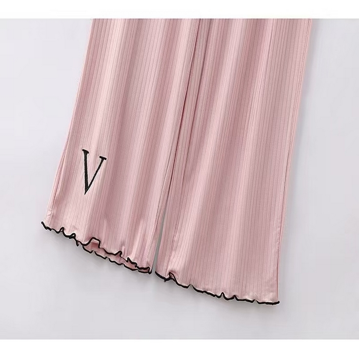 91家纺网 家纺一手货源 找家纺 洛兰沙家居馆【只代发】【只代发】 2025新款外贸欧美风8*5宽坑条莫代尔睡衣女春夏秋开衫翻领短袖长裤家居服 粉色